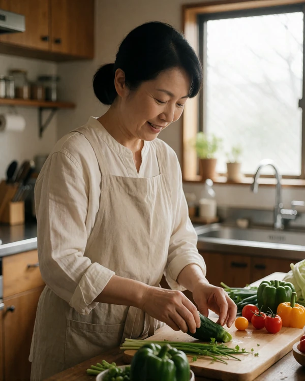 Japanese woman in her fifties cooking in a bright home kitchen, example of a genuine Magnoliadate profile