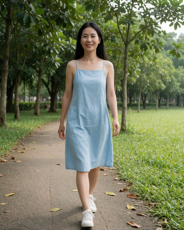 Vietnamese woman in her thirties walking through a green park, example profile on this Asian dating platform