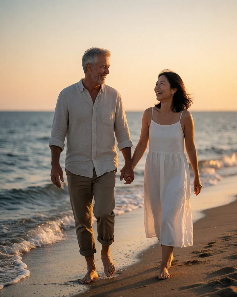 Couple in their fifties walking on a beach at sunset, the kind of connection a serious dating platform can begin