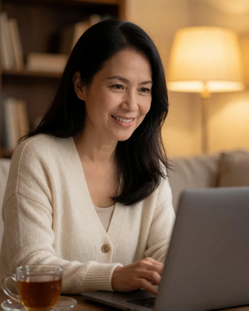 Woman in her forties smiling warmly at her laptop while writing a message, international dating conversation in progress