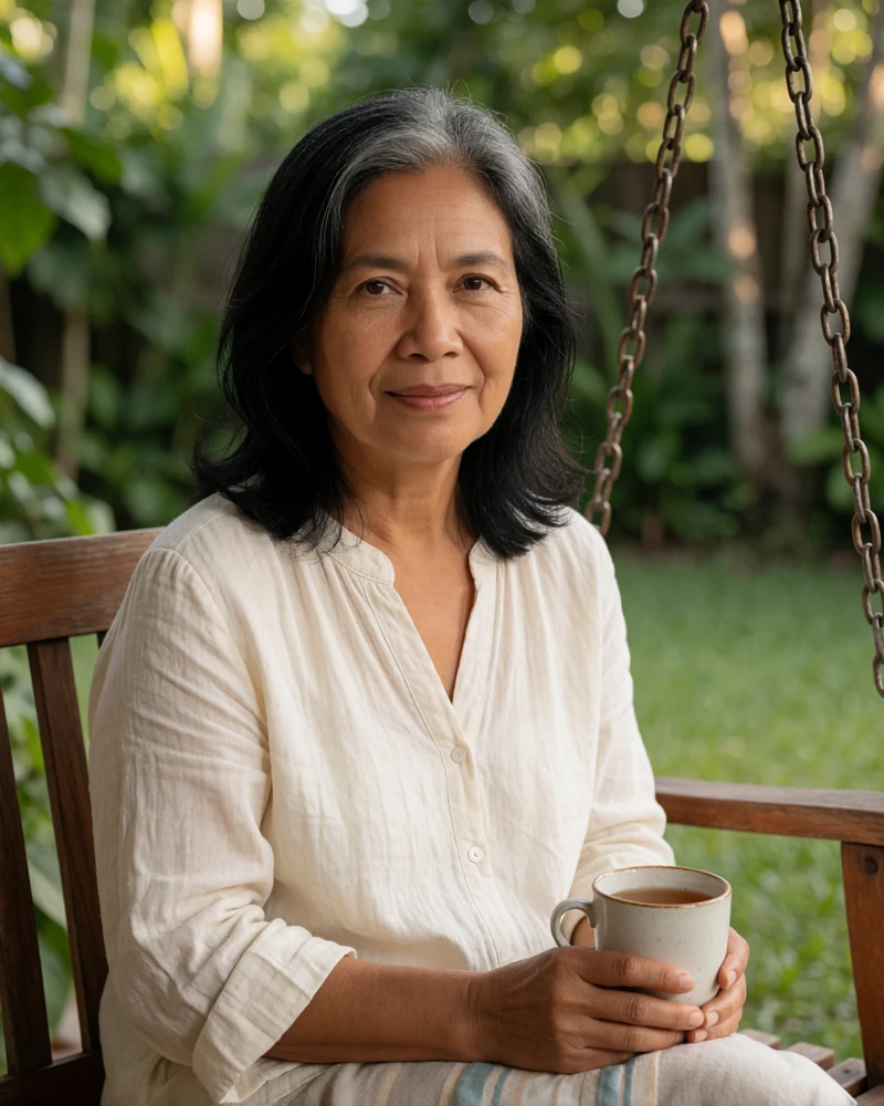 Woman in her fifties relaxing on a porch swing with tea, reflecting the calm pace of Magnoliadate Asian dating