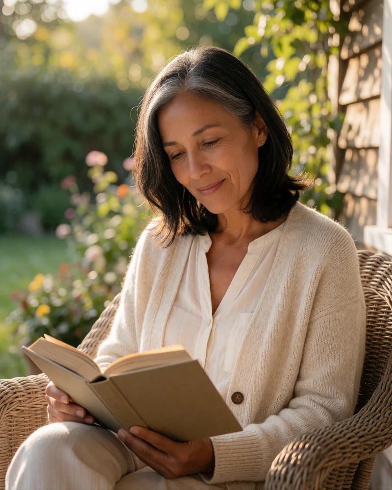 Woman in her fifties reading a book on a sunlit porch, reflecting the calm pace of serious Asian dating