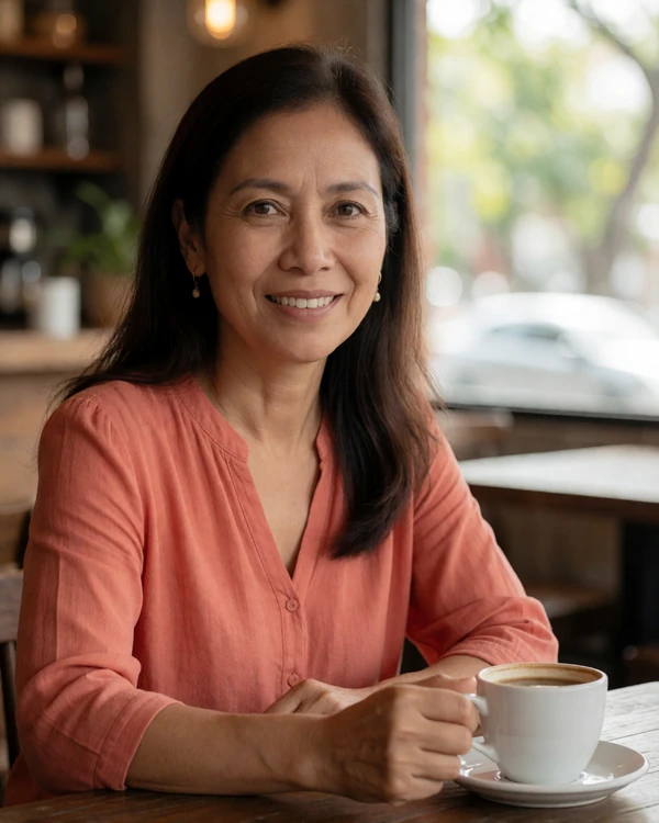 Filipina woman in her forties smiling in a cozy cafe, an example of sincere profiles on Magnoliadate